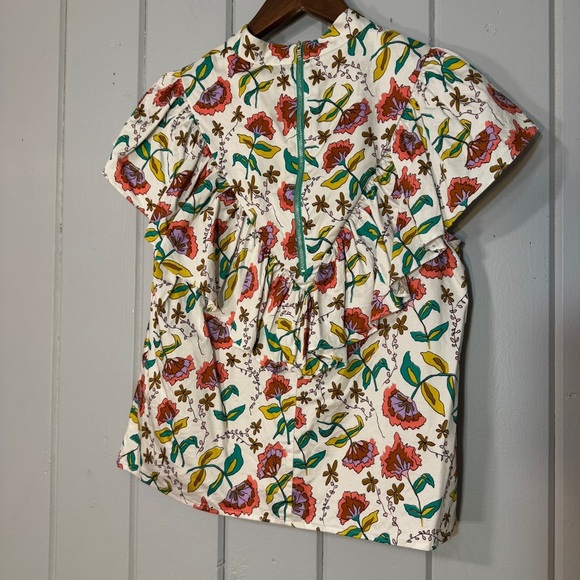 CROSBY BY MOLLIE BURCH woodcut floral sleeveless ruffle front High Neck Top S - Picture 7 of 12